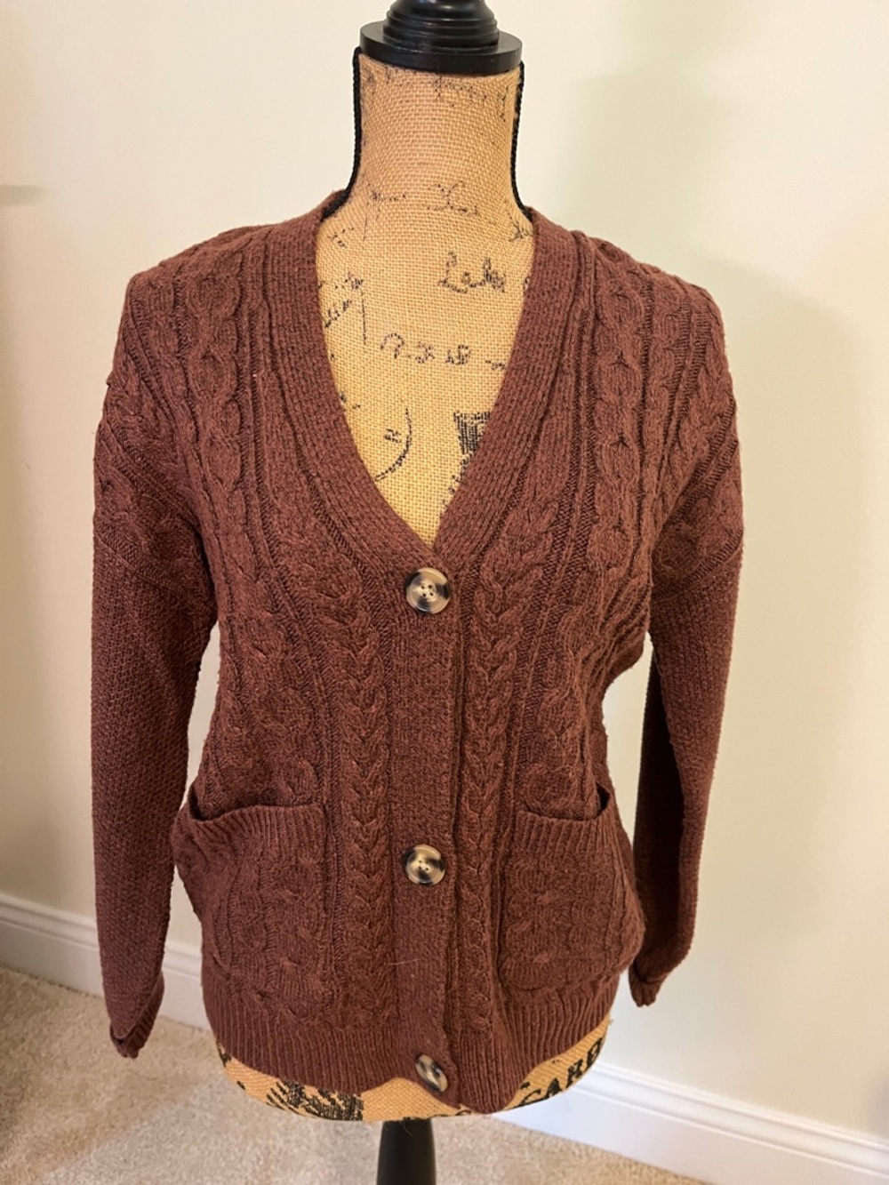 Joie Brown Cable Knit Button-Front Cardigan